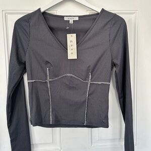 gaze Charcoal Ribbed V-Neck Long Sleeve Top with White Contrast Stitching